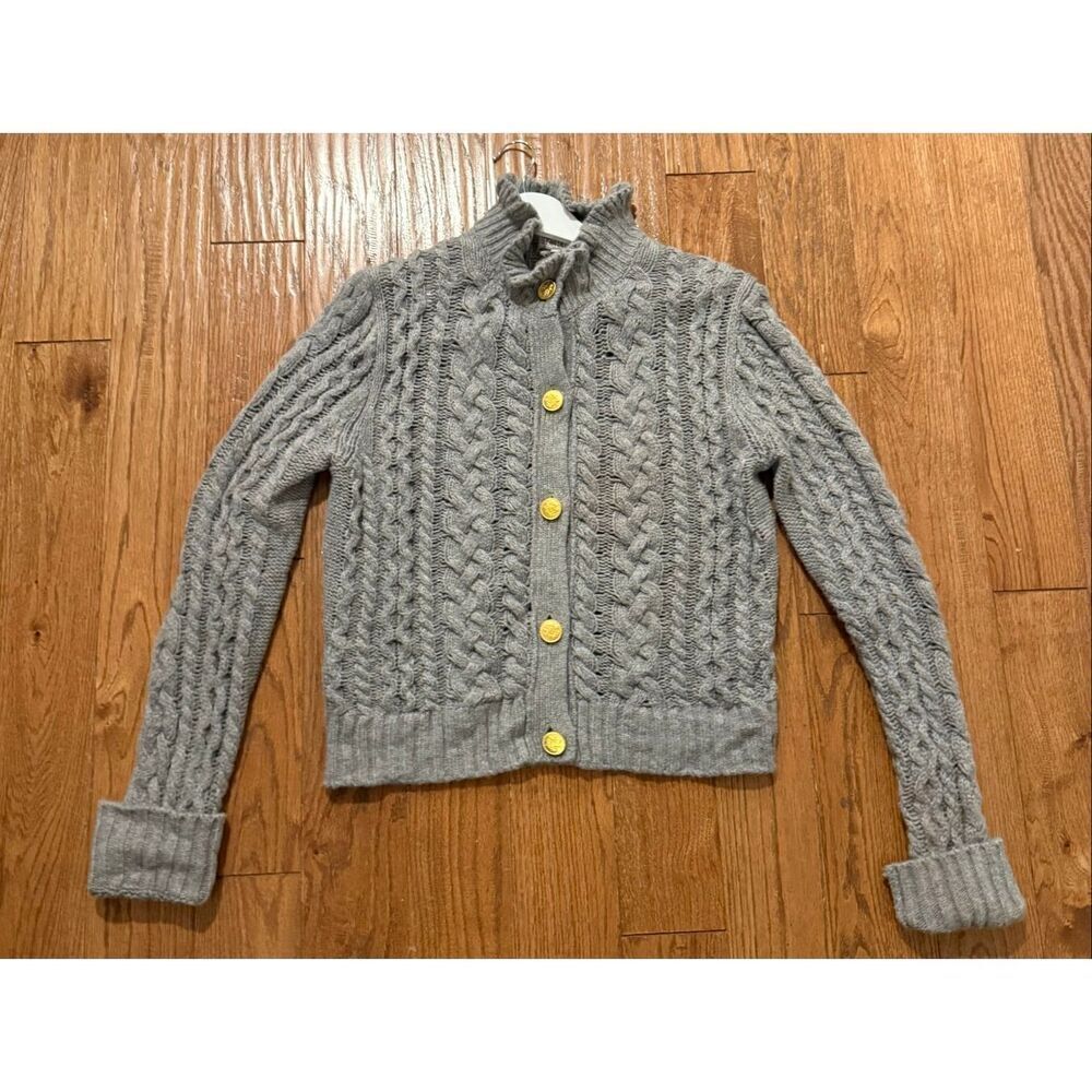 J.Crew grey ruffle neck cableknit cardigan sweater wool blend large - Picture 8 of 13